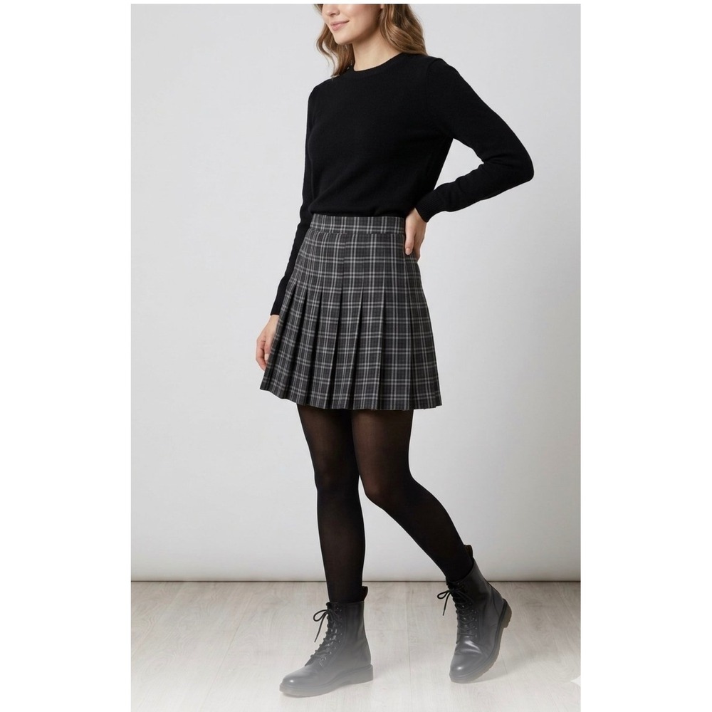 Aerie Grey Plaid Pleated Mini Skirt Size M Side Zip Preppy Academic